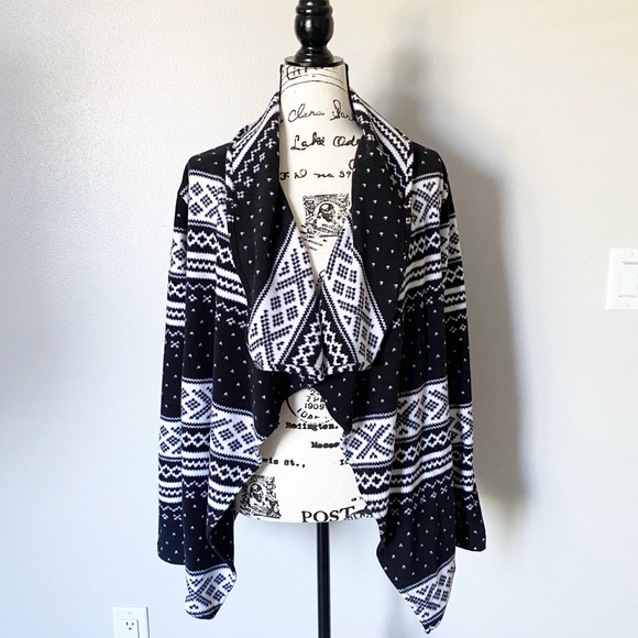 Lands' End Sweaters - Lands End Women’s Fleece Open Front Cardigan Nordic Fair Isle Black & White 6-8